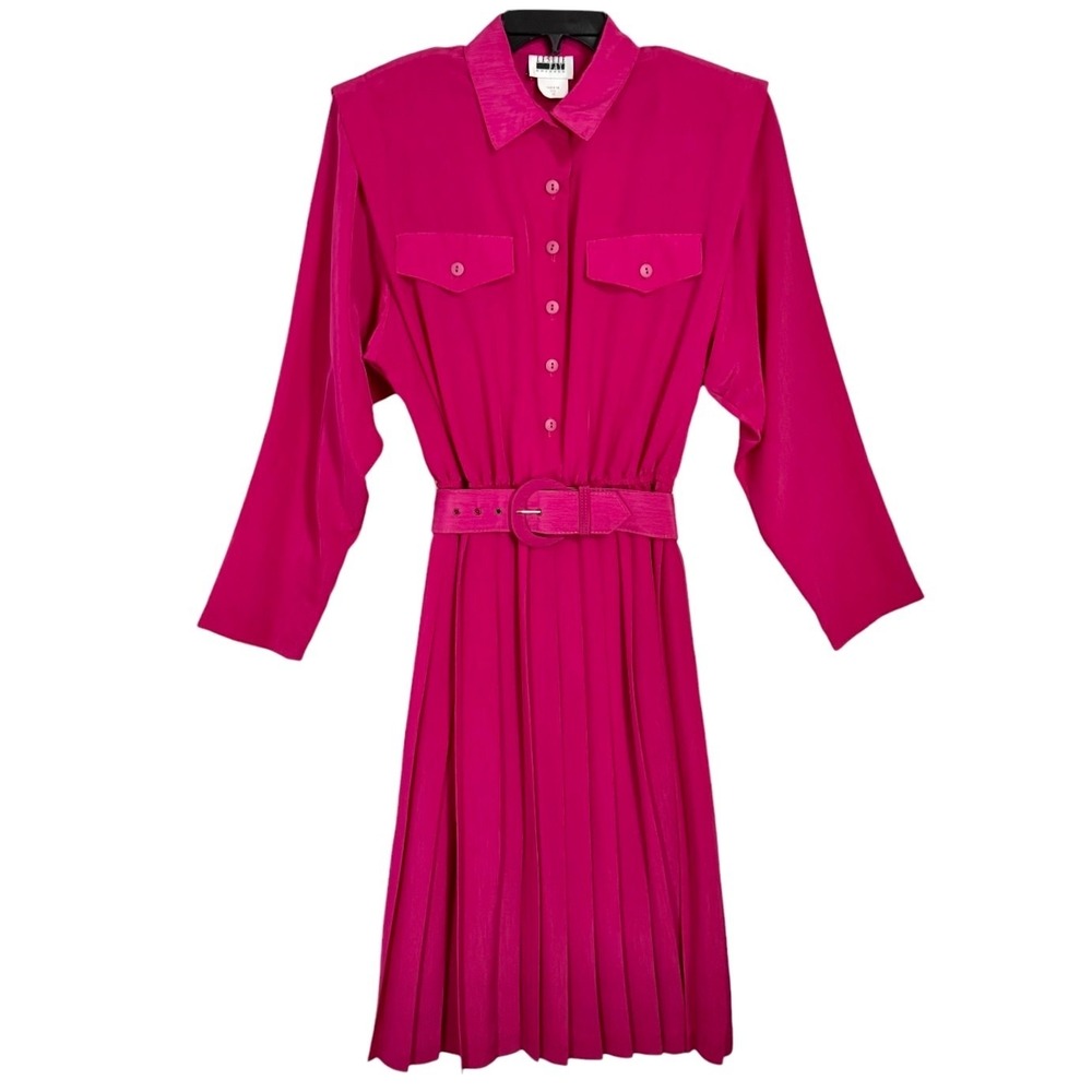 NWT Vintage Leslie Fay Pleated Midi Shirt‎ Dress Size 12 10 8 Hot Pink Secretary
